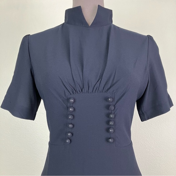 Lindy Bop 1940s Navy Blue Amelia Vintage Collared A-line Midi Dress UK 10 Small - Picture 4 of 15